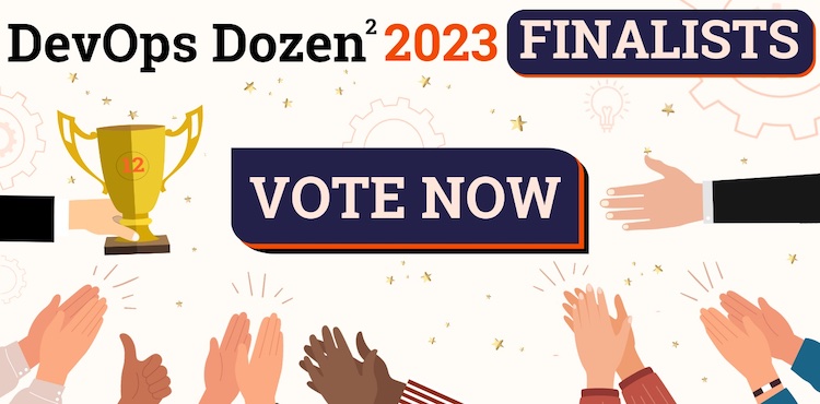 Text: DevOps Dozen 2023 Finalists: Vote Now. Image: Hands clapping a trophy.