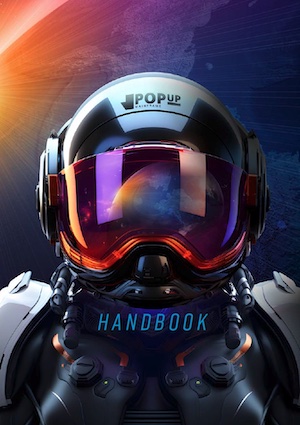 Astronaut with PopUp logo on their helmet with a planet in the background