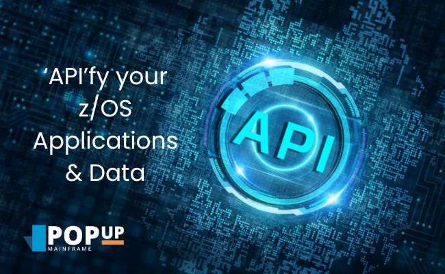 image with the text "API". Text: APIfy your z/OS applications and data