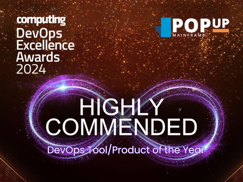 Text: Highly commended DevOps tool/product of the year. Image: PopUp Mainframe logo and computing logo in the corner.