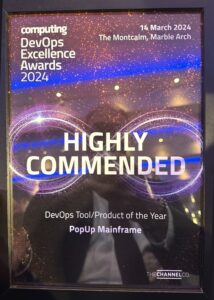 certificate with the text: Highly Commended DevOps Tool/Product of the Year, PopUp Mainframe